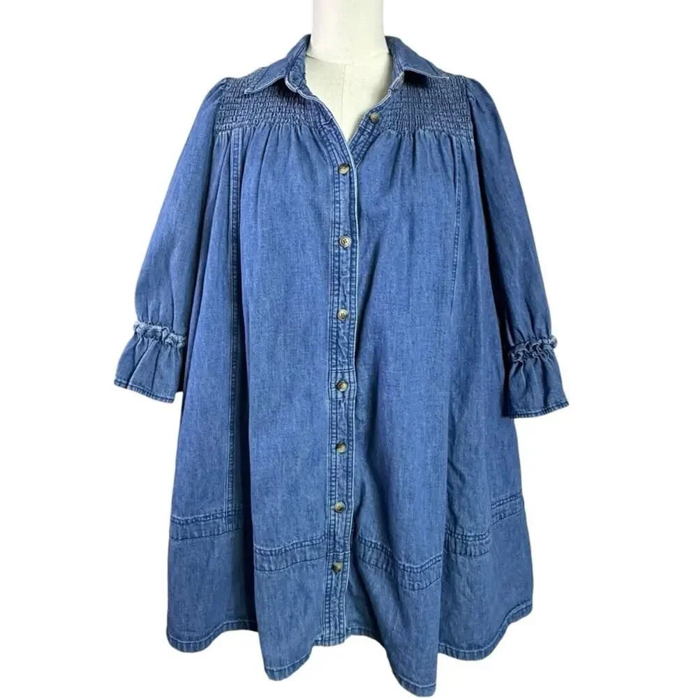 Free People Western Bohemian Vanessa Denim Tunic Top Shirt Dress Size Medium